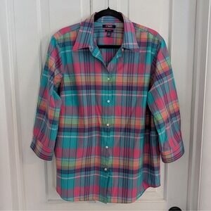 Chaps Womens Plaid No Iron Blouse Top SIZE 1X Spring 3/4 Sleeve Button Up Cotton